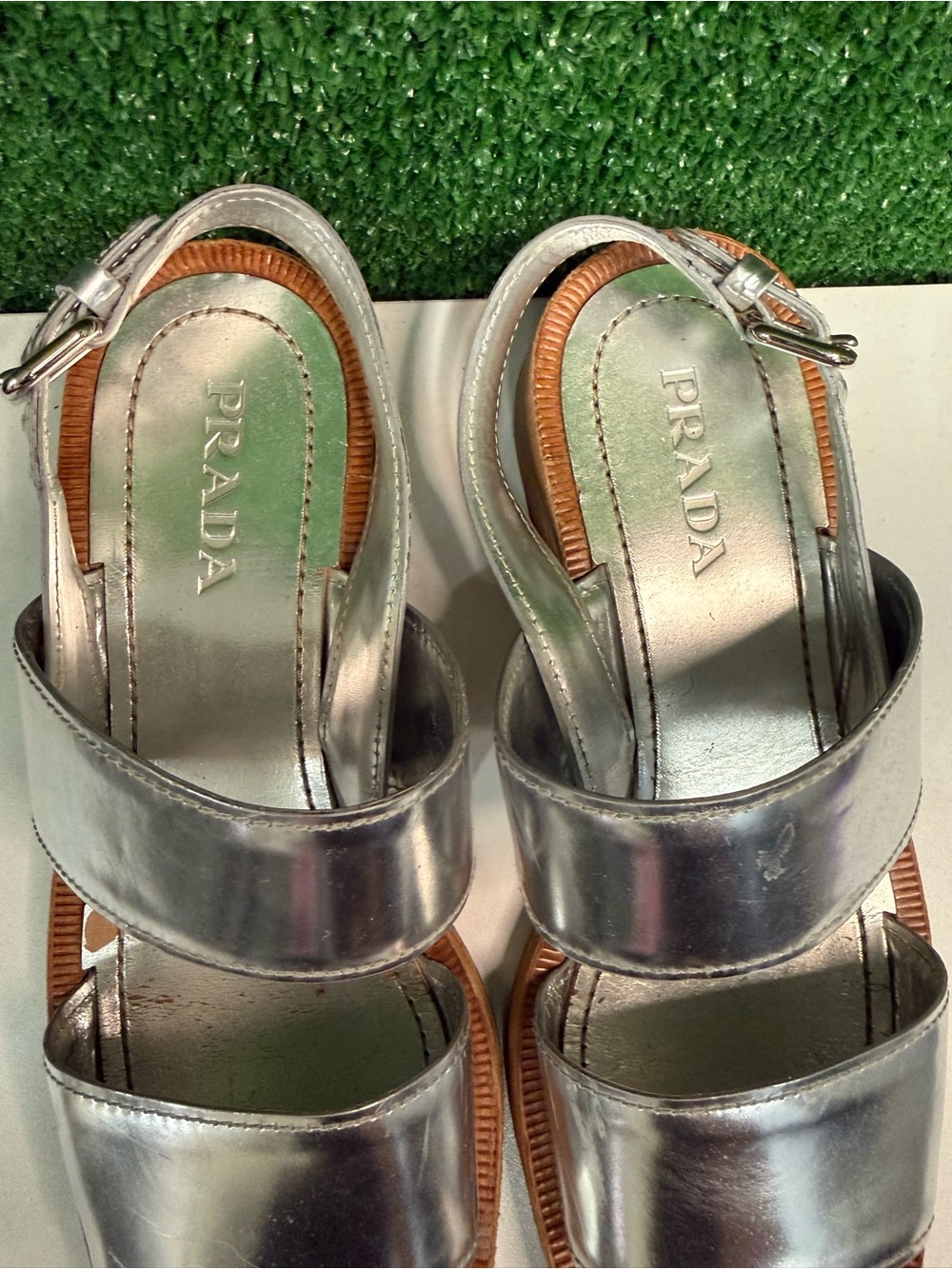 Prada Silver Metallic Leather Women's Sandals size 40